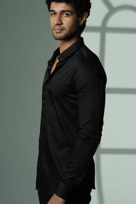 Sanjana Reddy Designs_Black Cotton Studs, Embroidery Sleeve Shirt _Online_at_Aza_Fashions