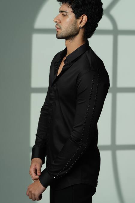 Buy_Sanjana Reddy Designs_Black Cotton Studs, Embroidery Sleeve Shirt _Online_at_Aza_Fashions