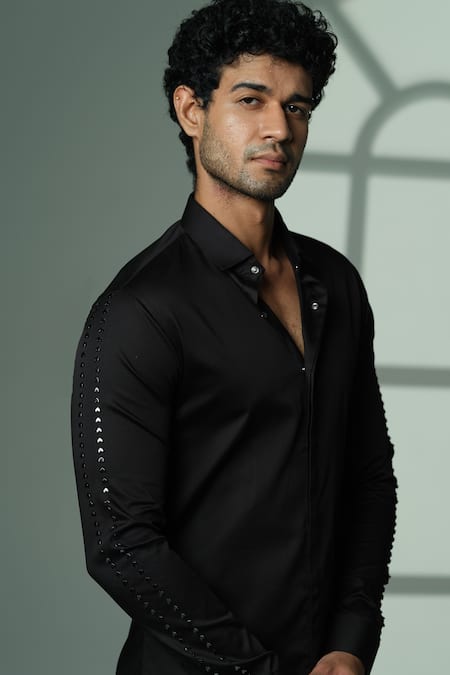 Shop_Sanjana Reddy Designs_Black Cotton Studs, Embroidery Sleeve Shirt _Online_at_Aza_Fashions