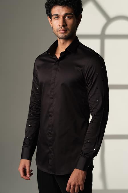 Sanjana Reddy Designs_Black Cotton Studs Star Placement Embroidered Shirt _Online_at_Aza_Fashions