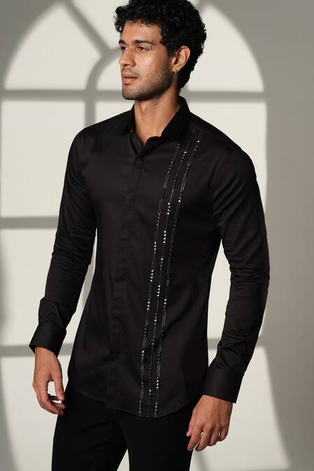 Sanjana Reddy Designs_Black Cotton Embroidery, Stones Cutdana Shirt _Online_at_Aza_Fashions