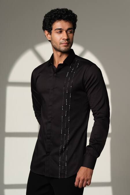 Buy_Sanjana Reddy Designs_Black Cotton Embroidery, Stones Cutdana Shirt _Online_at_Aza_Fashions