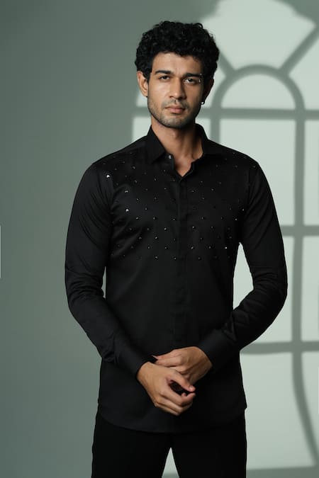 Sanjana Reddy Designs Black Cotton Studs Arrow Placement Embroidered Shirt 
