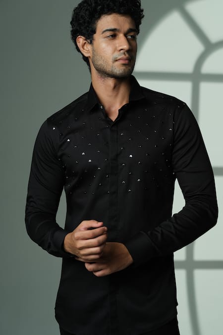 Sanjana Reddy Designs_Black Cotton Studs Arrow Placement Embroidered Shirt _Online_at_Aza_Fashions