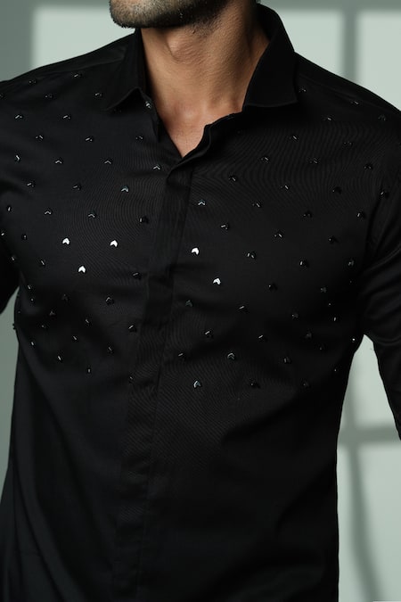 Buy_Sanjana Reddy Designs_Black Cotton Studs Arrow Placement Embroidered Shirt _Online_at_Aza_Fashions