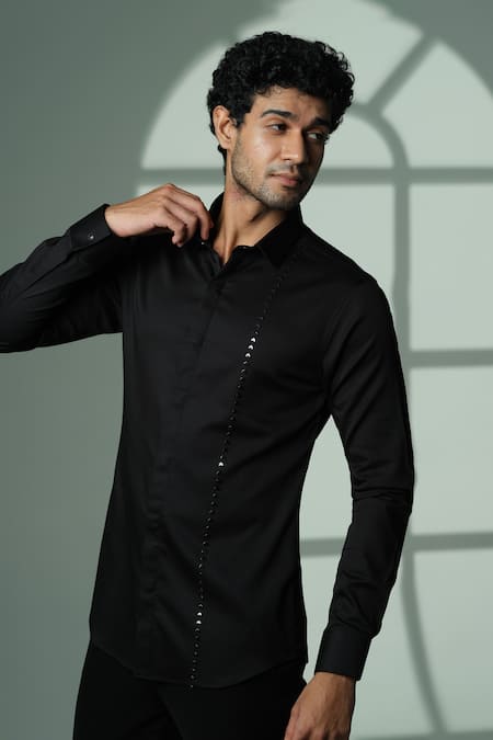 Sanjana Reddy Designs_Black Cotton Embroidery Placement Shirt _Online_at_Aza_Fashions