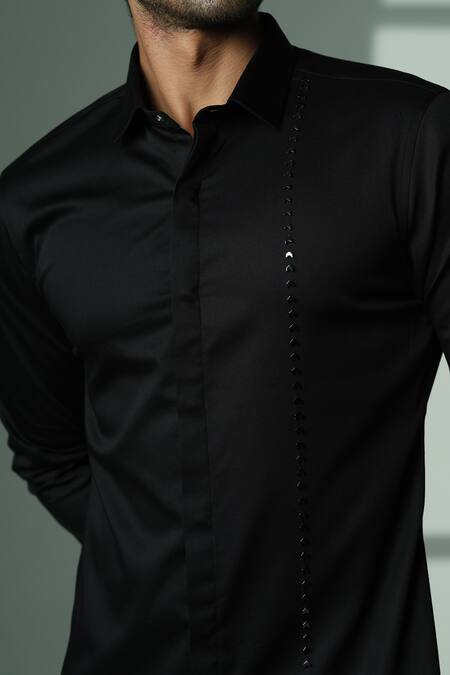 Shop_Sanjana Reddy Designs_Black Cotton Embroidery Placement Shirt _Online_at_Aza_Fashions