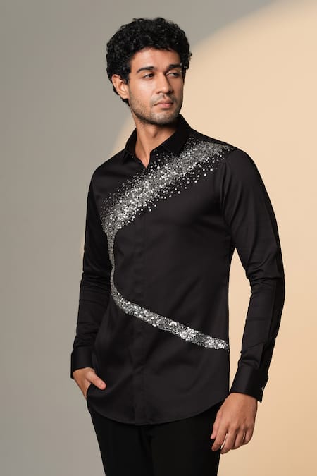 Sanjana Reddy Designs_Black Cotton Sequins Galaxy Curve Embroidered Shirt _Online_at_Aza_Fashions