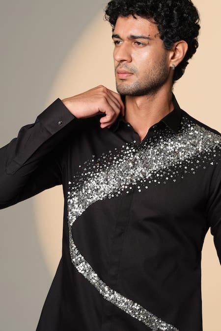 Buy_Sanjana Reddy Designs_Black Cotton Sequins Galaxy Curve Embroidered Shirt _Online_at_Aza_Fashions
