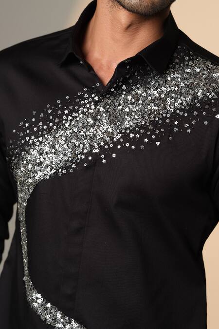 Shop_Sanjana Reddy Designs_Black Cotton Sequins Galaxy Curve Embroidered Shirt _Online_at_Aza_Fashions