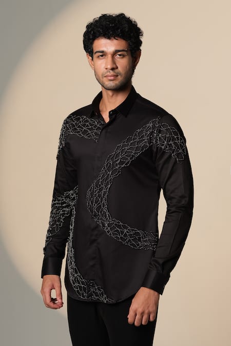 Sanjana Reddy Designs_Black Cotton Beads Standing Sally Embroidered Shirt _Online_at_Aza_Fashions