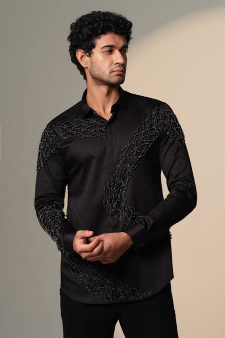 Buy_Sanjana Reddy Designs_Black Cotton Beads Standing Sally Embroidered Shirt _Online_at_Aza_Fashions