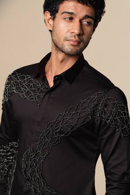 Shop_Sanjana Reddy Designs_Black Cotton Beads Standing Sally Embroidered Shirt _Online_at_Aza_Fashions