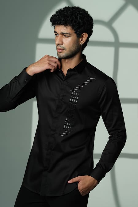 Sanjana Reddy Designs_Black Cotton Embroidery Cutdana Shirt _Online_at_Aza_Fashions