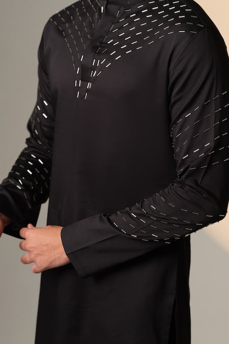 Sanjana Reddy Designs_Black Cotton Embroidery Cutdana Kurta _Online_at_Aza_Fashions