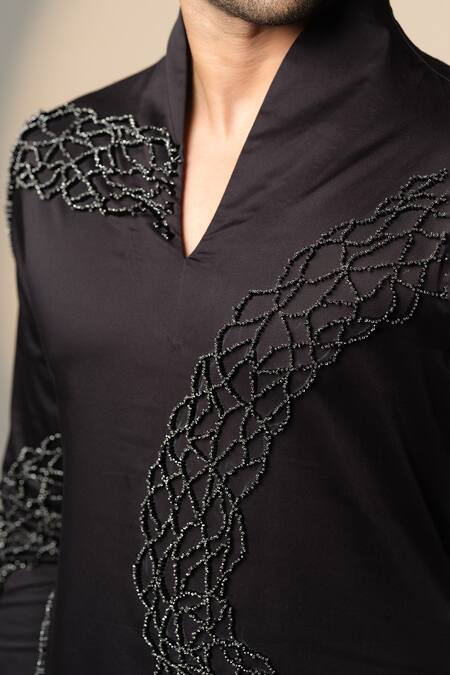 Sanjana Reddy Designs_Black Cotton Beads Standing Sally Embroidered Kurta _Online_at_Aza_Fashions