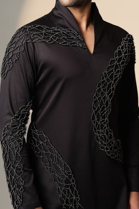 Buy_Sanjana Reddy Designs_Black Cotton Beads Standing Sally Embroidered Kurta _Online_at_Aza_Fashions