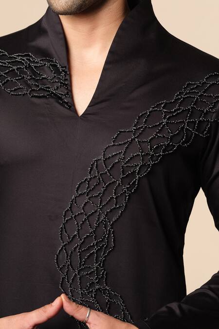Shop_Sanjana Reddy Designs_Black Cotton Beads Standing Sally Embroidered Kurta _Online_at_Aza_Fashions