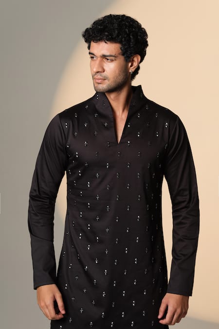 Sanjana Reddy Designs_Black Cotton Stones Cutdana Embroidered Kurta _Online_at_Aza_Fashions