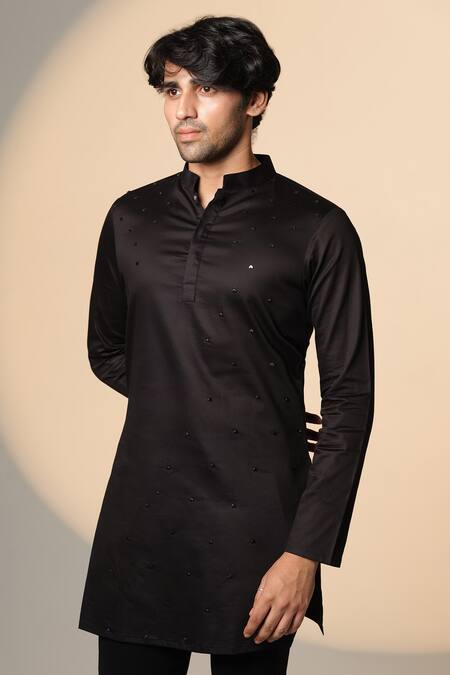Sanjana Reddy Designs_Black Cotton Embroidery, Studs Placement Kurta _Online_at_Aza_Fashions