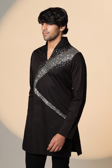 Sanjana Reddy Designs_Black Cotton Sequins Galaxy Placement Embroidered Kurta _Online_at_Aza_Fashions