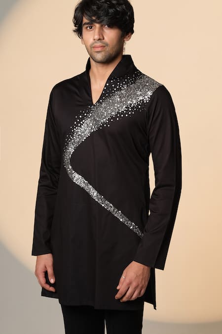 Buy_Sanjana Reddy Designs_Black Cotton Sequins Galaxy Placement Embroidered Kurta _Online_at_Aza_Fashions