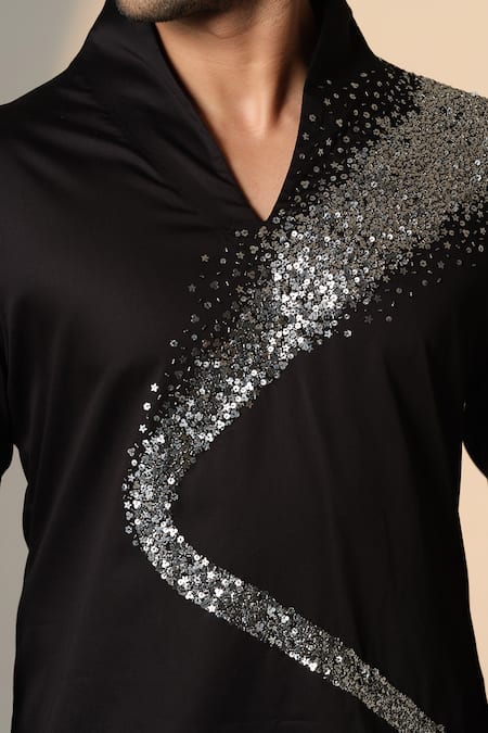 Shop_Sanjana Reddy Designs_Black Cotton Sequins Galaxy Placement Embroidered Kurta _Online_at_Aza_Fashions