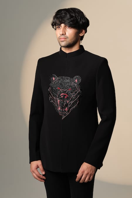 Sanjana Reddy Designs_Black Cotton, Lycra Embroidery Bear Bandhgala Set _Online_at_Aza_Fashions