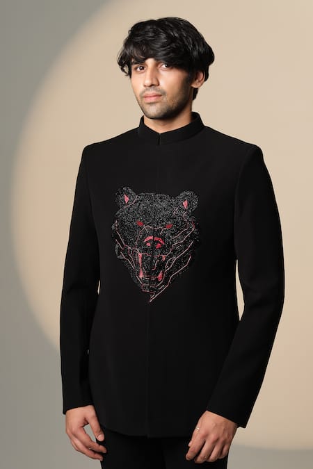 Buy_Sanjana Reddy Designs_Black Cotton, Lycra Embroidery Bear Bandhgala Set _Online_at_Aza_Fashions