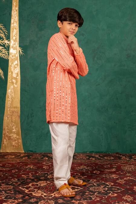JILMIL DREAMWEAR Peach Georgette Mirrors Work Kurta Set Online at Aza Fashions JILMIL DREAMWEAR_Peach Georgette Mirrors Work Kurta Set _Online_at_Aza_Fashions