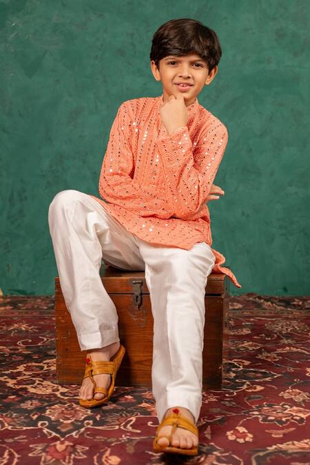 Shop JILMIL DREAMWEAR Peach Georgette Mirrors Work Kurta Set Online at Aza Fashions Shop_JILMIL DREAMWEAR_Peach Georgette Mirrors Work Kurta Set _Online_at_Aza_Fashions