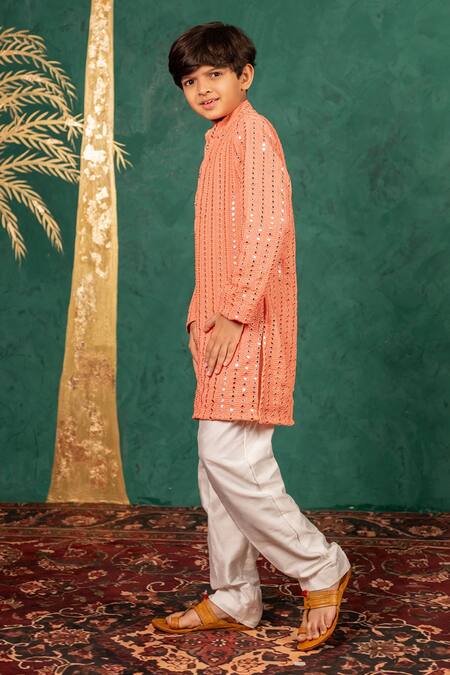 Buy JILMIL DREAMWEAR Peach Georgette Mirrors Work Kurta Set Buy_JILMIL DREAMWEAR_Peach Georgette Mirrors Work Kurta Set