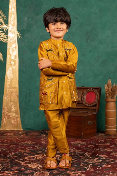 Buy JILMIL DREAMWEAR Mustard Silk Embroidery Yellow Bundi Kurta Set Online at Aza Fashions Buy_JILMIL DREAMWEAR_Mustard Silk Embroidery Yellow Bundi Kurta Set _Online_at_Aza_Fashions