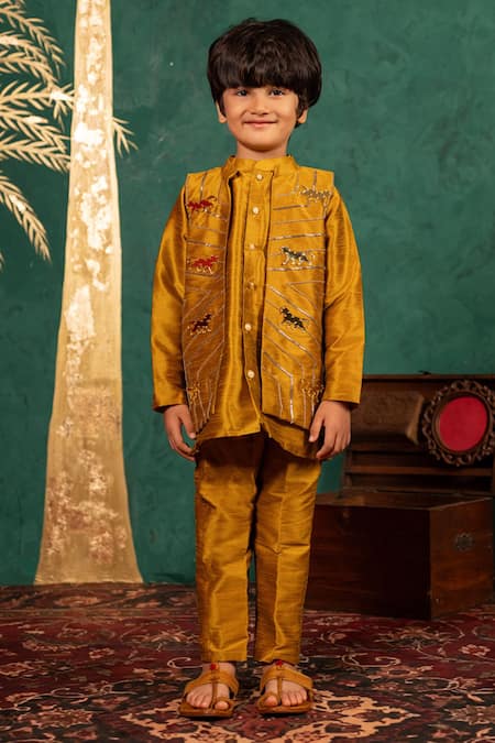 JILMIL DREAMWEAR Mustard Silk Embroidery Yellow Bundi Kurta Set 