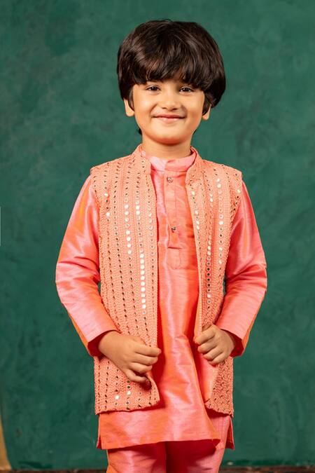 JILMIL DREAMWEAR Pink Silk Mirrors Work Bundi And Kurta Set Online at Aza Fashions JILMIL DREAMWEAR_Pink Silk Mirrors Work Bundi And Kurta Set _Online_at_Aza_Fashions