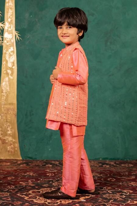 Shop JILMIL DREAMWEAR Pink Silk Mirrors Work Bundi And Kurta Set Online at Aza Fashions Shop_JILMIL DREAMWEAR_Pink Silk Mirrors Work Bundi And Kurta Set _Online_at_Aza_Fashions