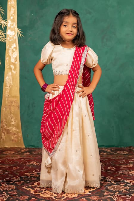 JILMIL DREAMWEAR Cream Tissue Embroidery, Zari, Tassels Fendy Crush White Blouse Lehenga Set 