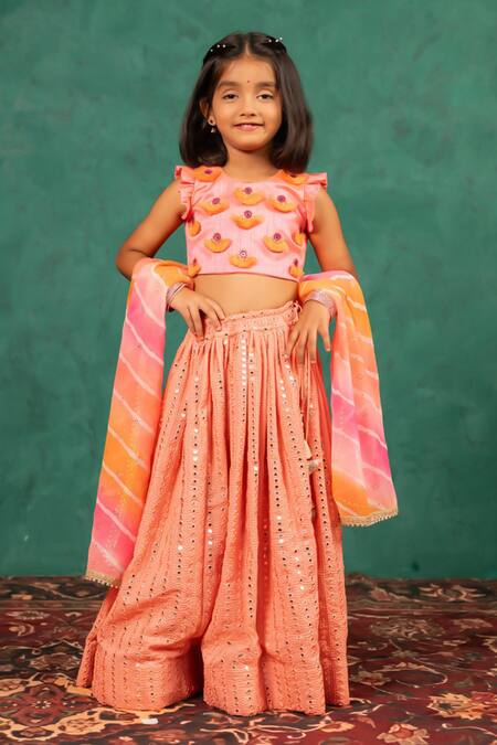 Shop JILMIL DREAMWEAR Orange Silk Mirrors, Embroidery, Gota Patti Work Lehenga Set Online at Aza Fashions Shop_JILMIL DREAMWEAR_Orange Silk Mirrors, Embroidery, Gota Patti Work Lehenga Set _Online_at_Aza_Fashions