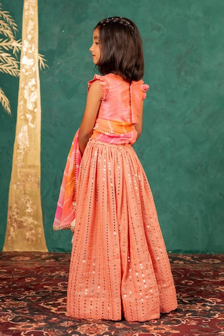JILMIL DREAMWEAR Orange Silk Mirrors, Embroidery, Gota Patti Work Lehenga Set at Aza Fashions JILMIL DREAMWEAR_Orange Silk Mirrors, Embroidery, Gota Patti Work Lehenga Set _at_Aza_Fashions
