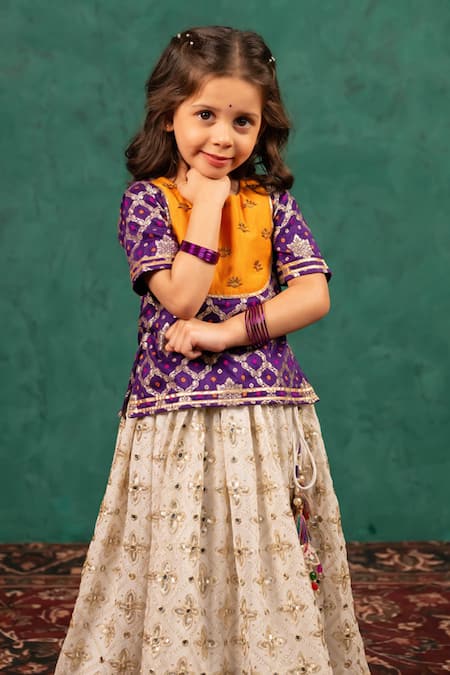 Buy_JILMIL DREAMWEAR_Off White Mirrors, Zari, Embroidery Dark Purple Top With Lehenga _Online_at_Aza_Fashions