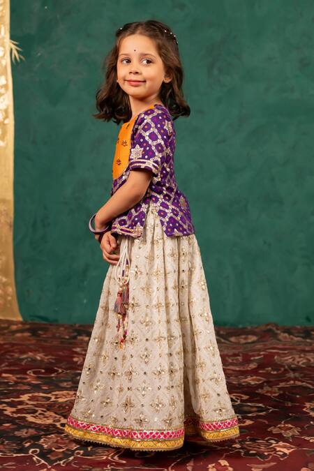 Shop_JILMIL DREAMWEAR_Off White Mirrors, Zari, Embroidery Dark Purple Top With Lehenga _Online_at_Aza_Fashions