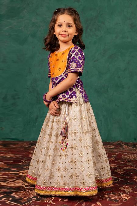 Buy_JILMIL DREAMWEAR_Off White Mirrors, Zari, Embroidery Dark Purple Top With Lehenga 