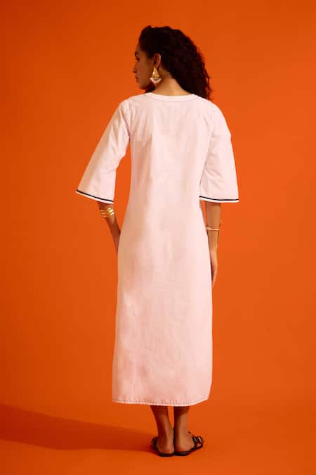 Shop Indian Summer Story Ivory Cotton, Poplin Embroidery Split V-neck Thread Dress at Aza Fashions Shop_Indian Summer Story_Ivory Cotton, Poplin Embroidery Split V-neck Thread Dress _at_Aza_Fashions