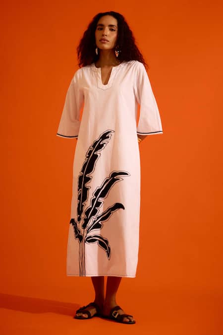 Indian Summer Story Ivory Cotton, Poplin Embroidery Split V-neck Thread Dress Online at Aza Fashions Indian Summer Story_Ivory Cotton, Poplin Embroidery Split V-neck Thread Dress _Online_at_Aza_Fashions