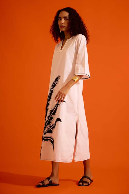 Buy Indian Summer Story Ivory Cotton, Poplin Embroidery Split V-neck Thread Dress Online at Aza Fashions Buy_Indian Summer Story_Ivory Cotton, Poplin Embroidery Split V-neck Thread Dress _Online_at_Aza_Fashions