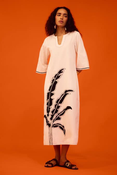 Indian Summer Story Ivory Cotton, Poplin Embroidery Split V-neck Thread Dress 