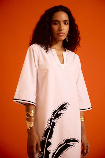 Shop Indian Summer Story Ivory Cotton, Poplin Embroidery Split V-neck Thread Dress Online at Aza Fashions Shop_Indian Summer Story_Ivory Cotton, Poplin Embroidery Split V-neck Thread Dress _Online_at_Aza_Fashions