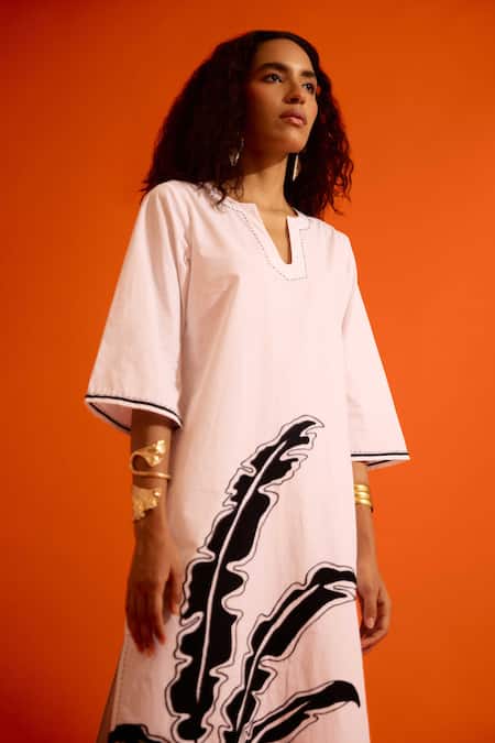 Indian Summer Story Ivory Cotton, Poplin Embroidery Split V-neck Thread Dress at Aza Fashions Indian Summer Story_Ivory Cotton, Poplin Embroidery Split V-neck Thread Dress _at_Aza_Fashions