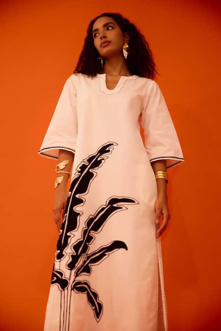 Buy Indian Summer Story Ivory Cotton, Poplin Embroidery Split V-neck Thread Dress Buy_Indian Summer Story_Ivory Cotton, Poplin Embroidery Split V-neck Thread Dress