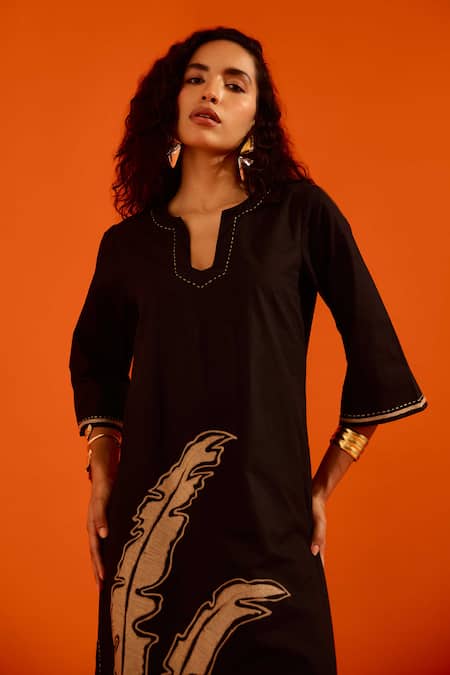 Shop Indian Summer Story Black Cotton, Poplin Embroidery Split V-neck Thread Dress Online at Aza Fashions Shop_Indian Summer Story_Black Cotton, Poplin Embroidery Split V-neck Thread Dress _Online_at_Aza_Fashions